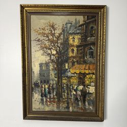 Mid Century Oil Painting Italian Town Scenery Large 