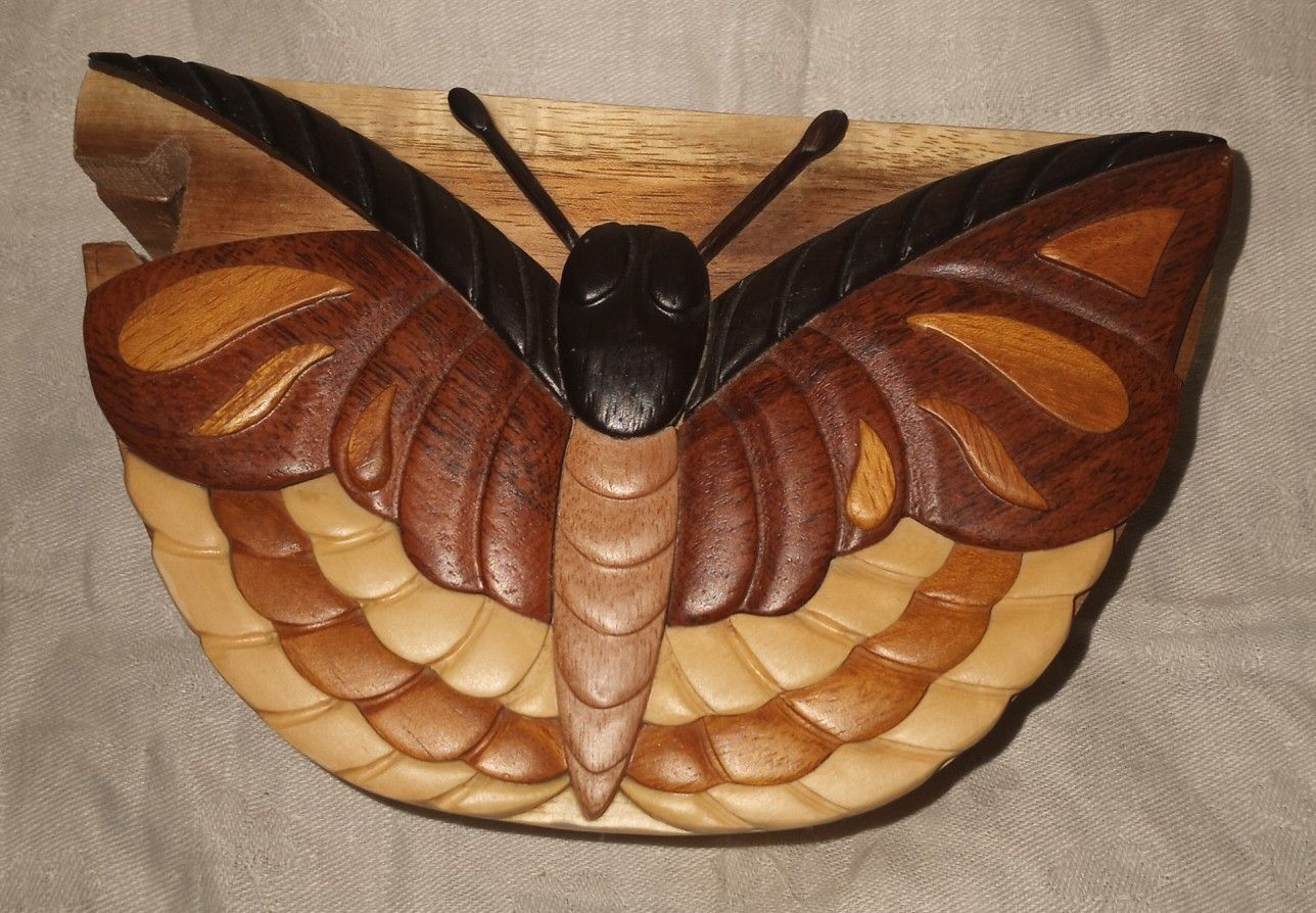 Hand Carved Moth Puzzel Box Missing Puzzel Piece