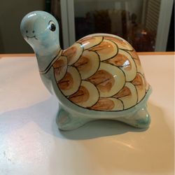 Vintage Ceramic Smiling Turtle Bank Hand painted coin bank 