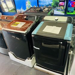 5.5Cu Top Load Samsung Washer+7.4Cu Gas Dryer-Brushed Black 1YR WARRANTY