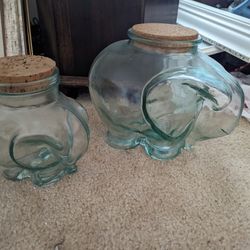 Vintage Made In Italy Green Tint Glass Elephant Jar With Cork Lids