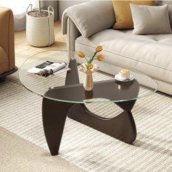 Giantex Triangle Glass Coffee Table, Solid Wood Tea Table with Tempered Glass Top & Adjustable Base, Small Accent Table for Small Spaces, Mid Century 