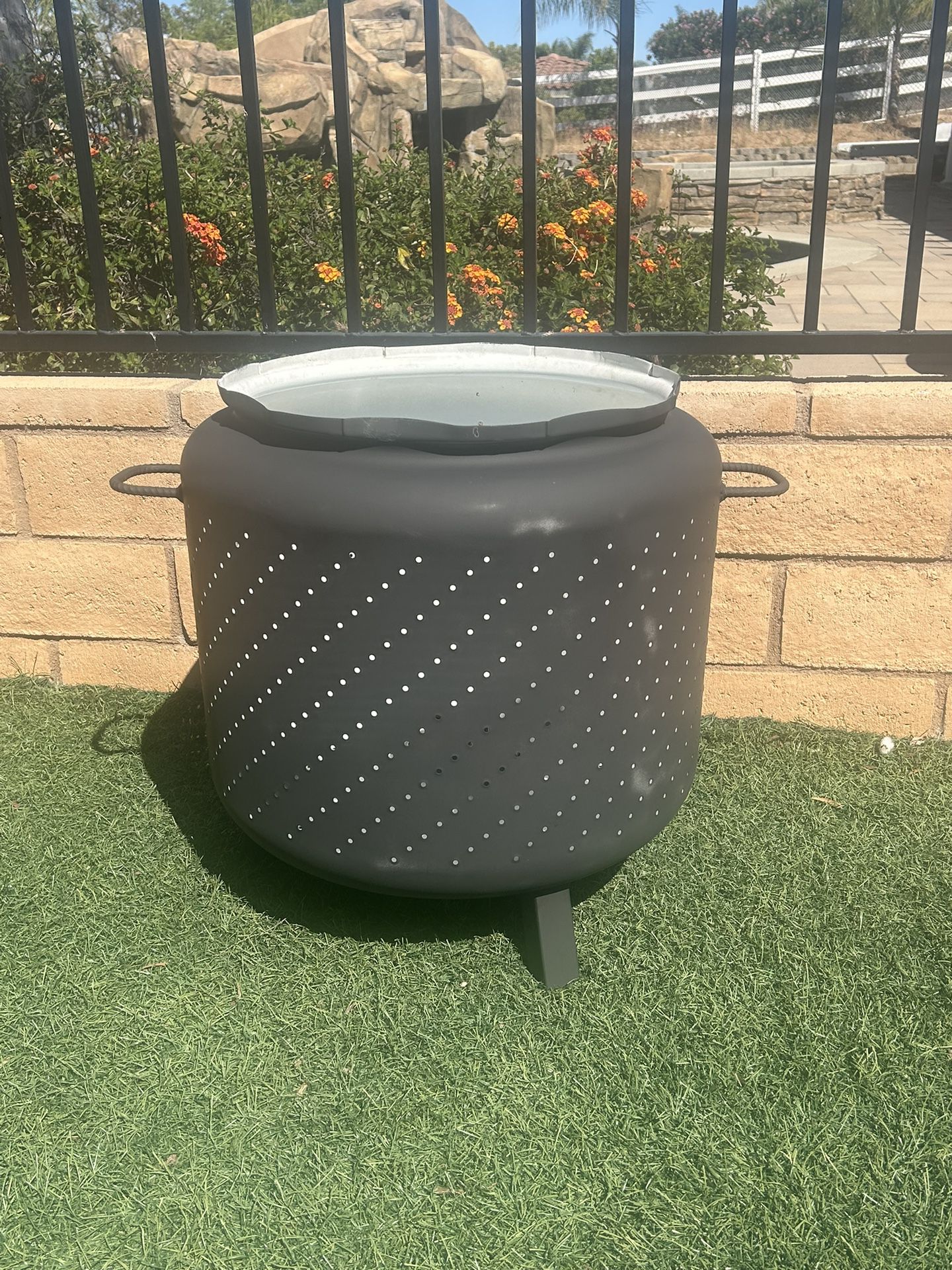 Fire Pit Made From Washing Machine Tub With Legs And Handles Painted With High Temp BBQ Heat Paint