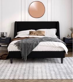 Full Size Platform Bed Frame with Fabric Upholstered Wingback Headboard