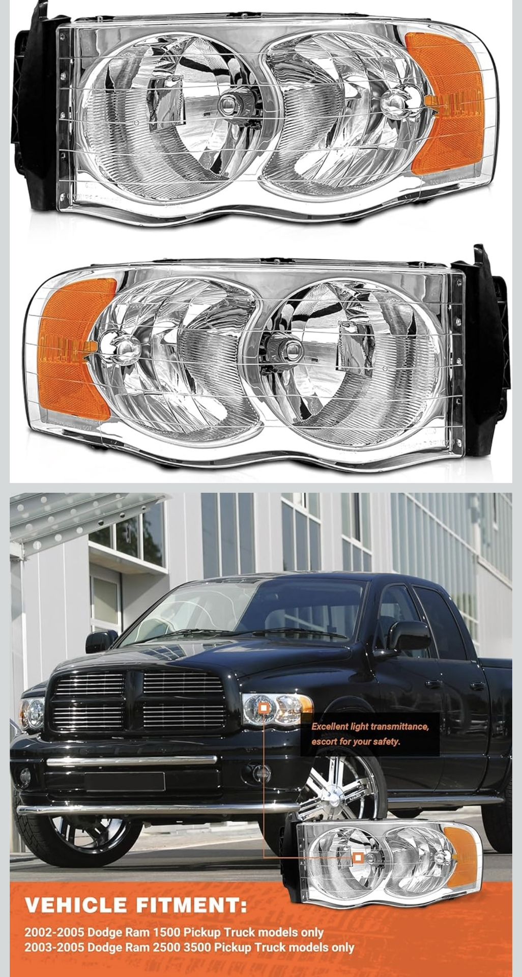 Headlight Assembly for 2002 2003 2004 2005 Dodge Ram 1500/2003-2005 Ram 2(contact info removed) Chrome Housing Clear Reflector Replacemen Left & Right