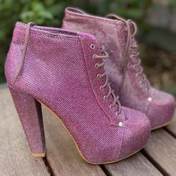 Glitter Pink Boots 7.5 Barbie Metallic Holographic Purple