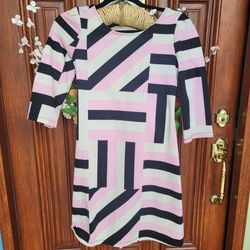 Geometric Pink & Black Print Mini Dress with 3/4 Sleeves
