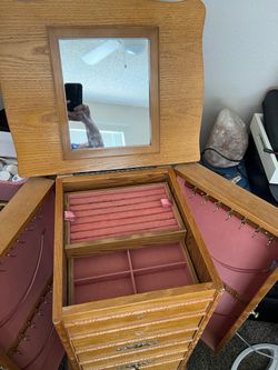 Large Wooden Jewelry Box with Mirror