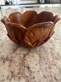 Vintage Hand-Carved Monkey Pod Wood Lotus Flower Bowl