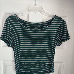 American Eagle Womens Size Small Green Striped Fitted Crop Top / Shirt