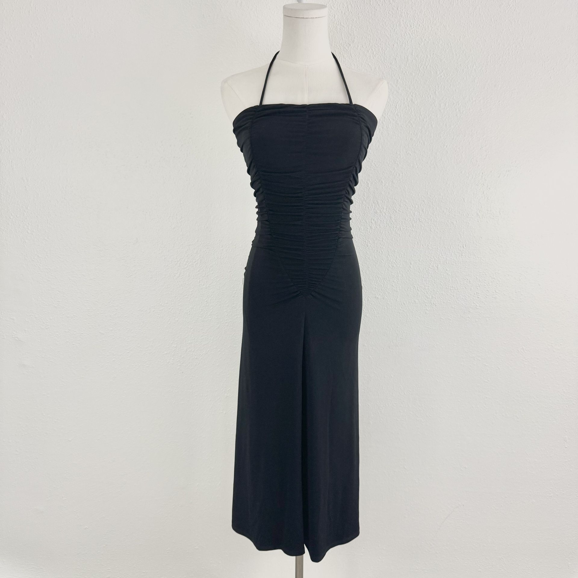 MODA INTERNATIONAL Vintage Y2K Black Edgy Stretchy Ruched Midi Halter Dress
