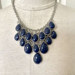 Navy Blue And Silver Tone Statment Necklace