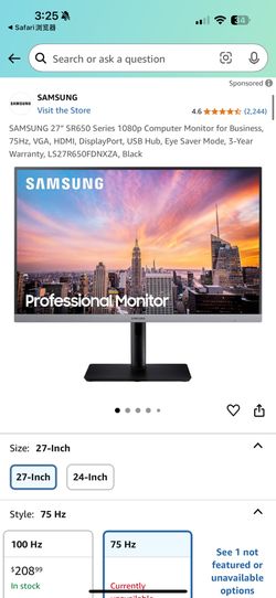 Samsung SR650 Monitor, 1080p, 27inch, 75Hz