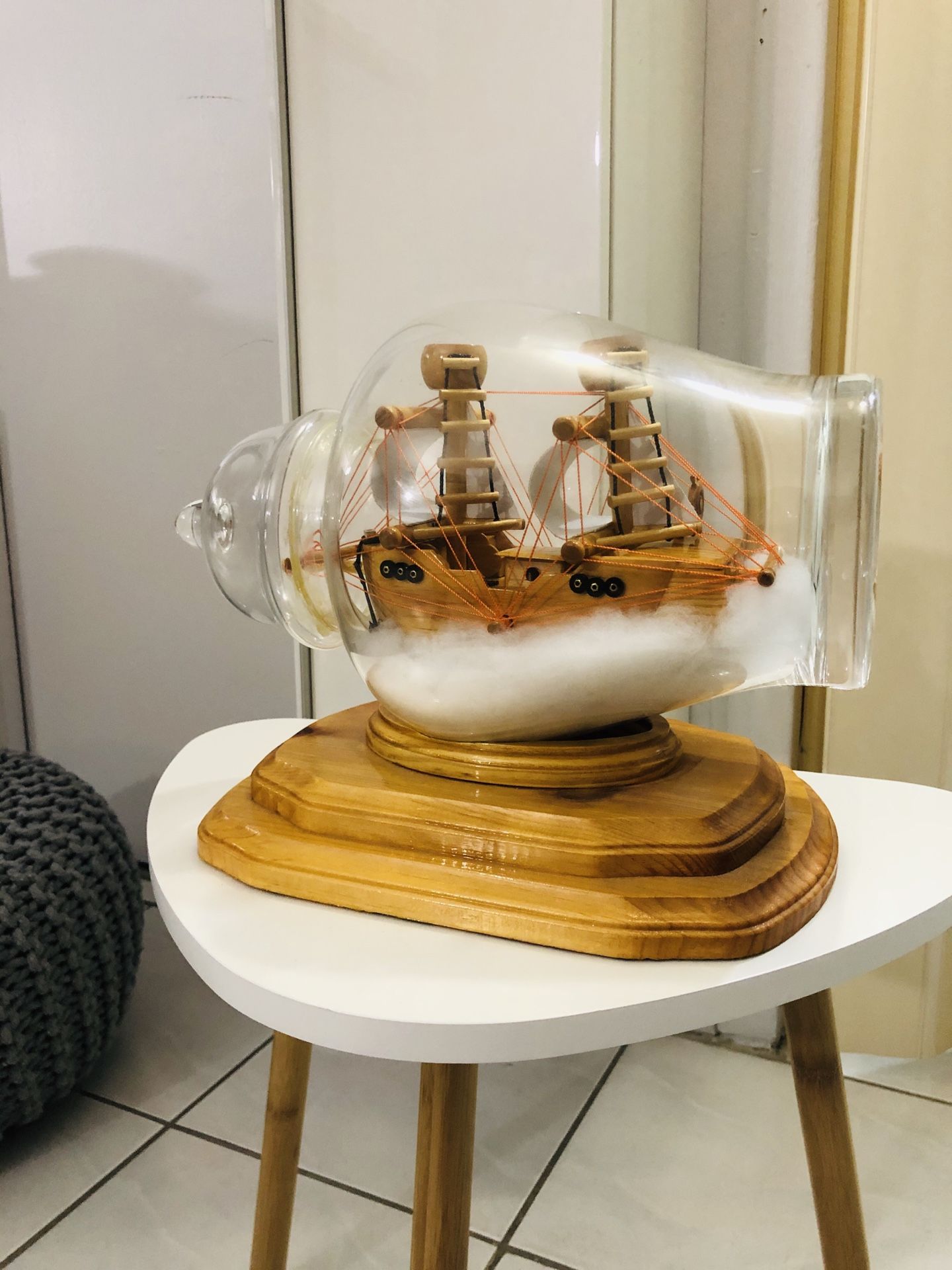 Antique ship in a bottle. Beautiful wood centerpiece