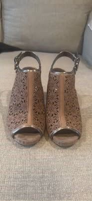Tan Laser Cut Peep Toe Heels Size 8.5
