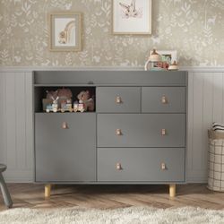 45 inch Modern White/Grey Changing Table Dresser with 4 Drawers and Open Shelf
