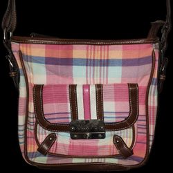 Chaps Bright Bay Pink Plaid Handbag With Canvas Exterior 