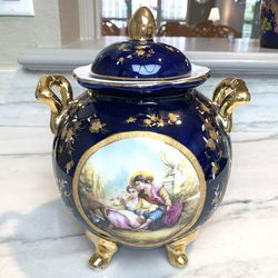 Vintage Limoges Castel France Porcelain Gilt Cobalt Two-Handle Decorative Pot