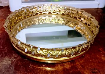 8 inch round gold filigree vanity dresser top mirror tray