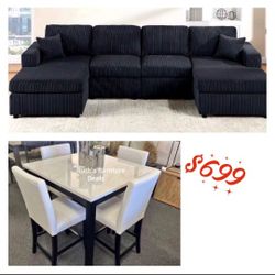 Beautiful Black Corduroy U Shaped Sectional Sofa With 5-Pc Counter Height Dining Set 