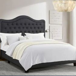 Dark Gray Wood Frame King Modern Upholstered Platform Bed with Curved Tufted Headboard