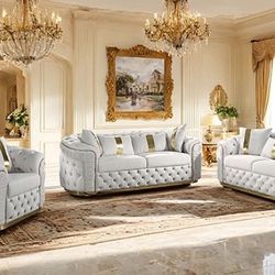 GLAM BEIGE GOLD SOFA 2 PIECE LOVESEAT SET COUCH BUTTON TUFTED