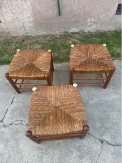 3x pieces Vintage Wood Rush Seat Stool Natural Seagrass 16”x16”x14”h