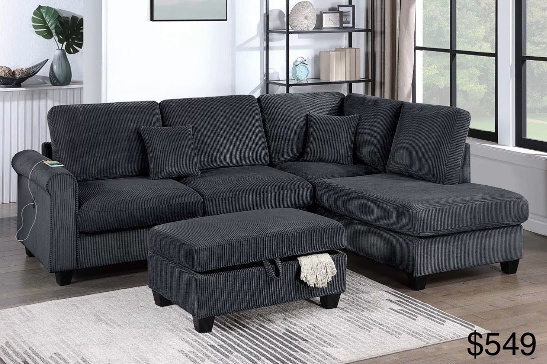 Black Corduroy Sectional Sofa With Ottoman Storage