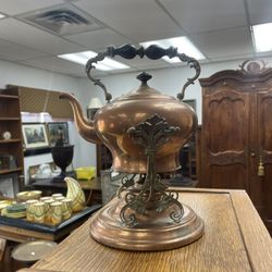 Antique Copper Tea Kettle, With Matching Ornate Stand, All Original