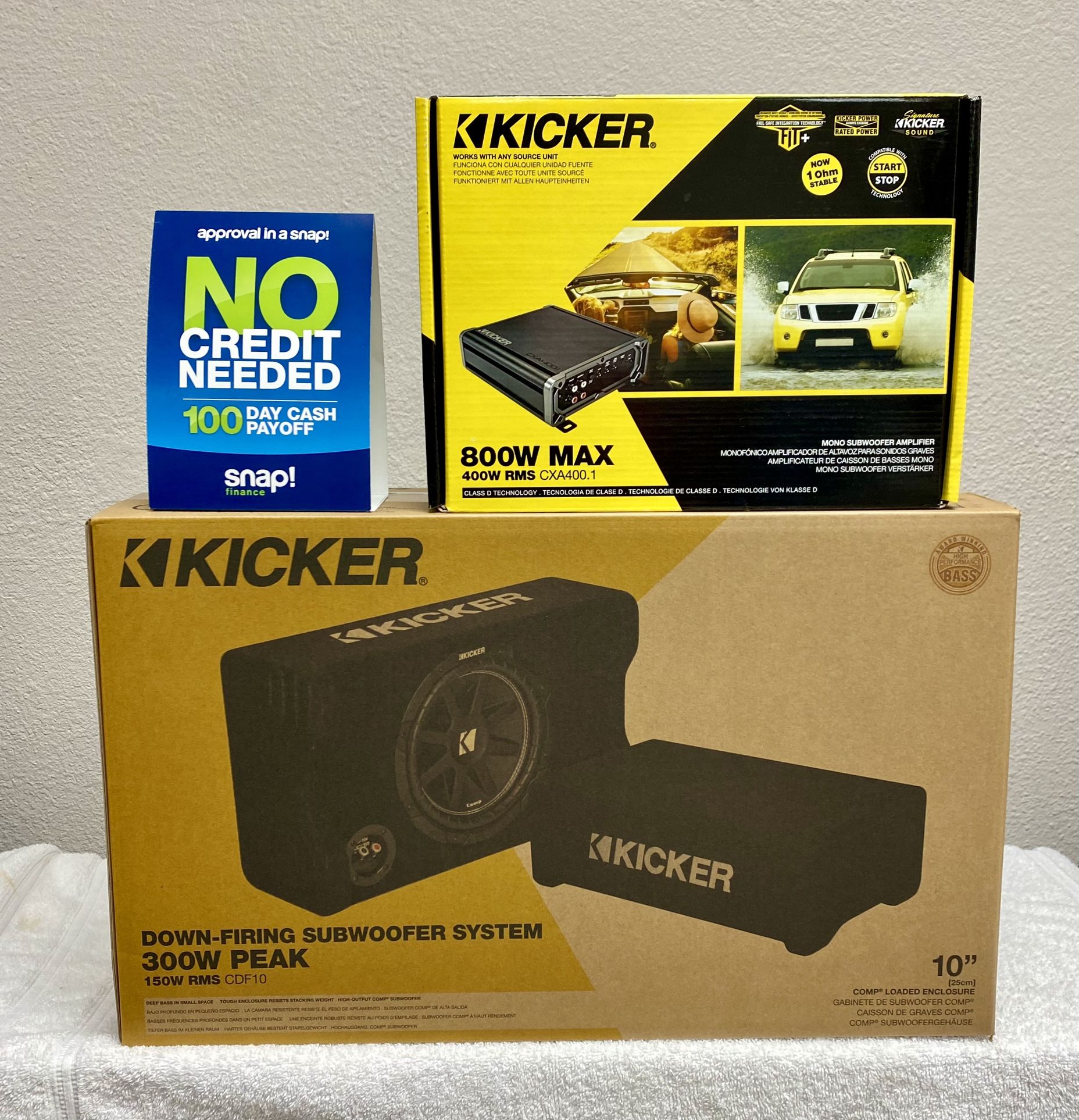 New 10” inch Kicker Comp Car Audio Bass Downfire Subwoofer Enclosure w/ Kicker Monoblock Bass Amp {No Credit Easy Financing}🔊🔥