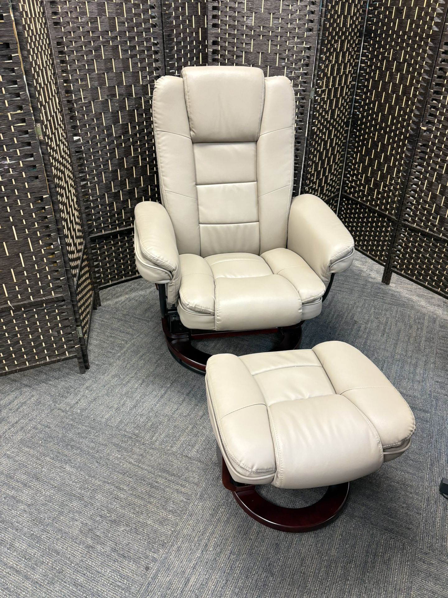 Argus Swivel Recliner with Ottoman, PU Leather & Wood Base Reclining Chair with Footrest, Ultra-Plush Double Foam for Living Room, Bedroom and Office,