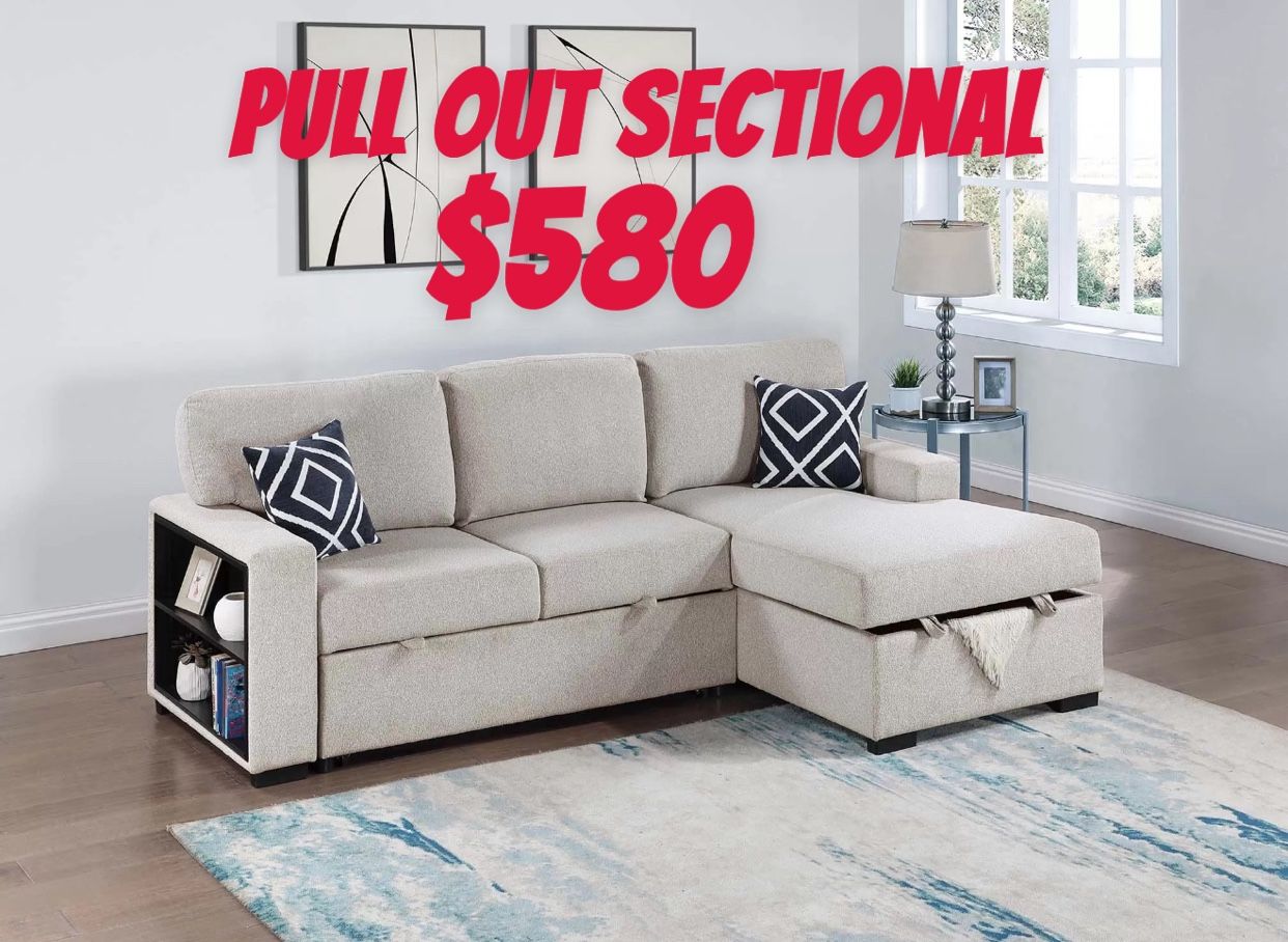 Pullout Sectional / Sleeper Sofa W/Fold-Down Table, Chaise Storage, Wireless Charging & Built-in Shelf  Colors, Grey And Beige 