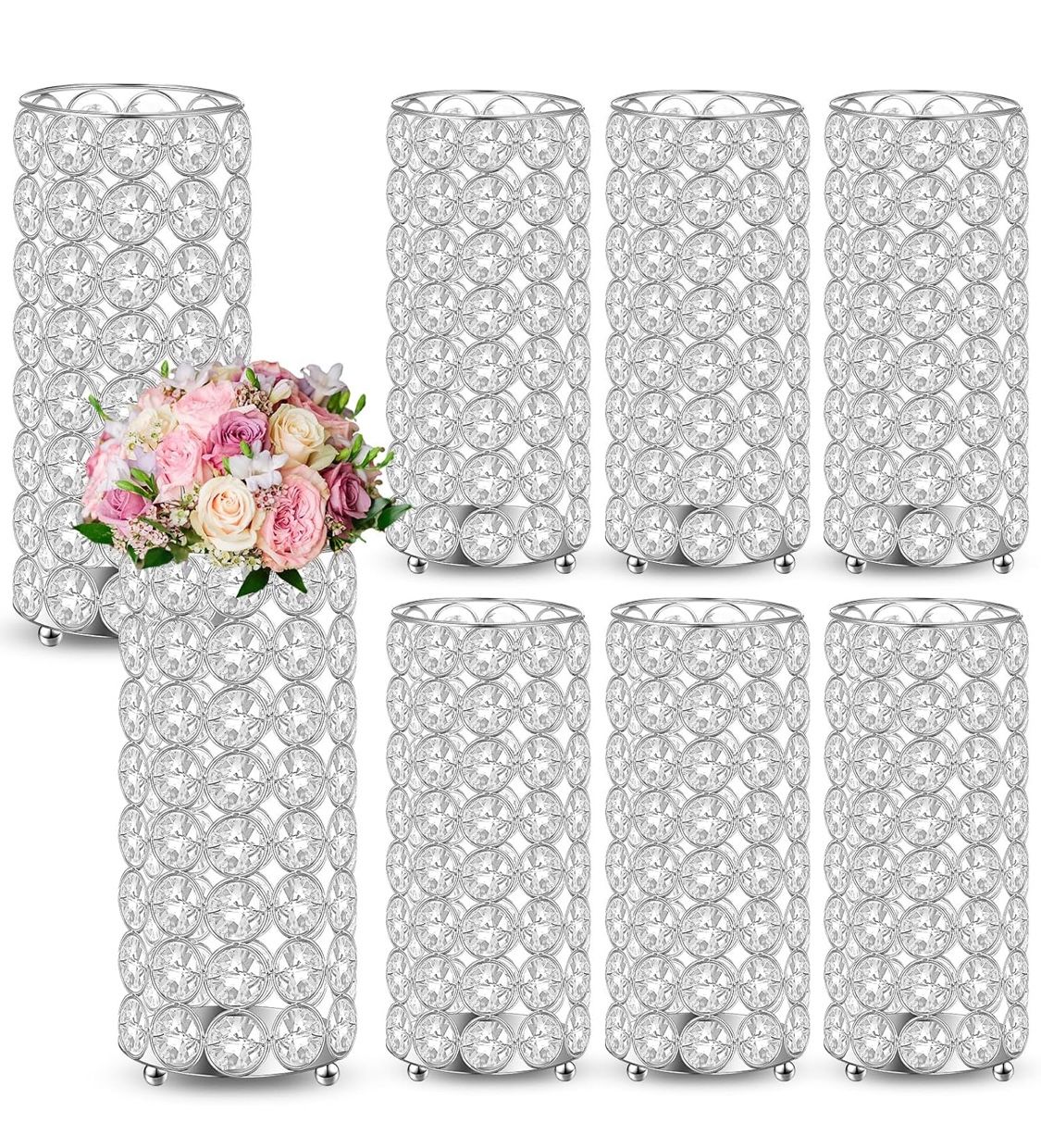 Dandat 8 Pcs Crystal Flower Vase for Wedding Table Centerpieces 7.87 in Crystal Pillar Candle Holder Metal Cylinder Flower Vase Stand for Christmas We