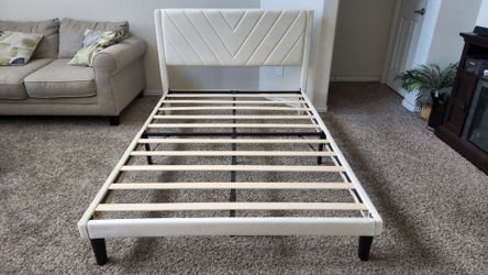 Full Size Beige Upholstered Velvet Bed Frame with Headboard, Rails and Wood Slats. No Box Spring Needed. 55"W x 77"L x 11"H