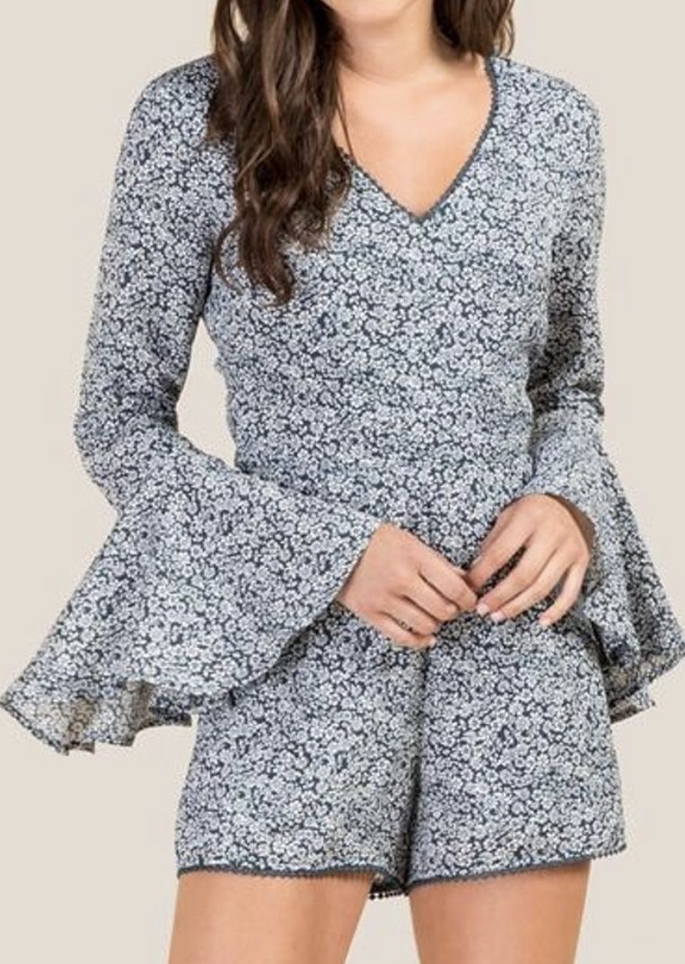 Francesca’s Blue Rain Bell Sleeve Floral Romper Dark Teal Women's XS NWOT Cute!