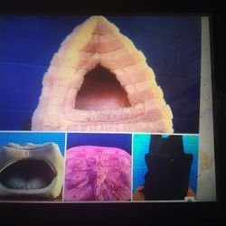 DOG CAT PYRAMID BED PINK $15=GREY $15=CARPET $5=BACK PACK CARRIER $10