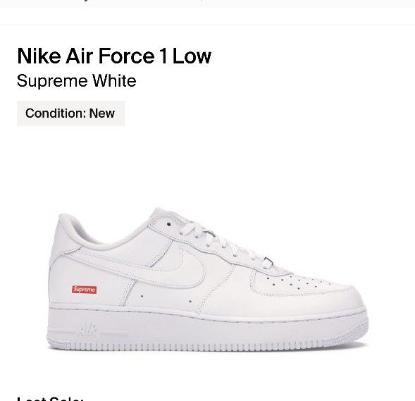 Nike  Supreme Air Force 1 Low White Size 8.5Nike  Supreme Air Force 1 Low White Size 8.5