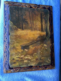 Vintage lacquered wooden wall plaque with autumn trees