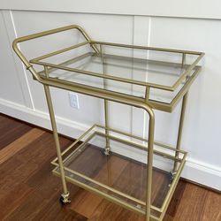 2-tier Gold Glass and Metal Rolling Bar Cart 28"D x 19"W x 34"H