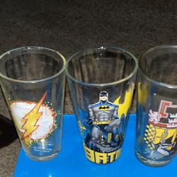 Used superhero/Harry Potter drinking glasses, all three for one price