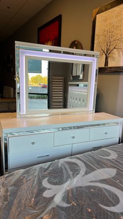 Valentino Queen bedroom set $1800. Really nice LED and mirrors. White or grey