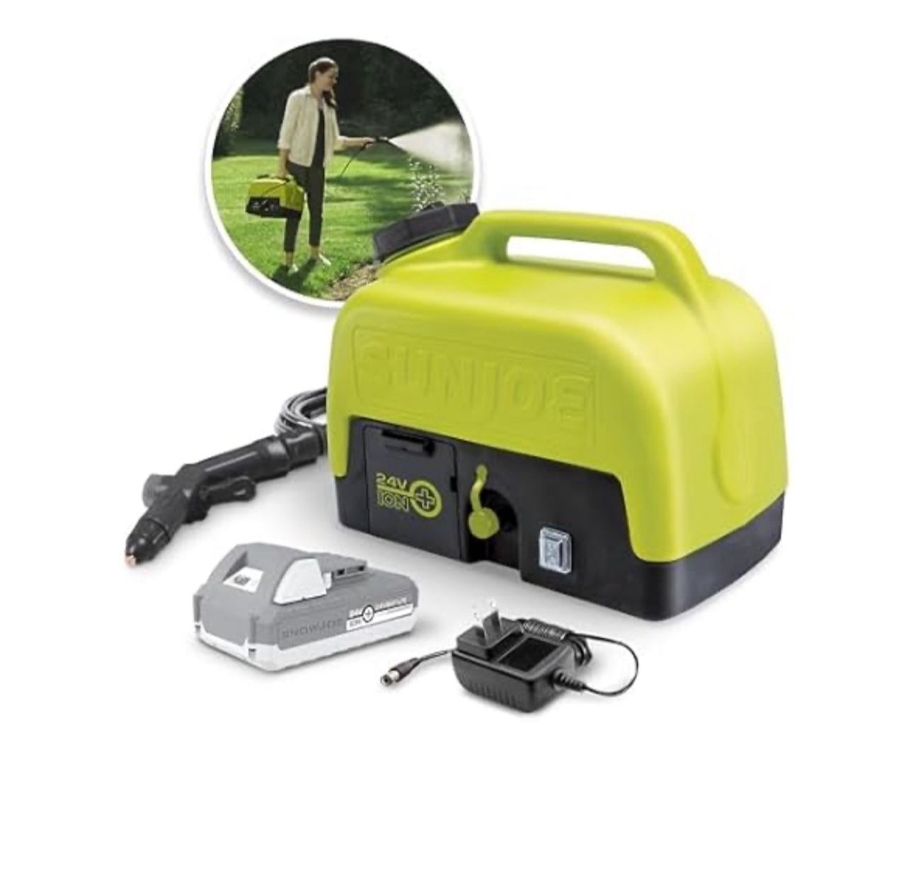 Sun Joe WA24C-LTE IONMAX Cordless Go-Anywhere Portable Sink/Shower Spray Washer Kit, 5 Gal, w/ 2.0Ah Battery + Charger - Green