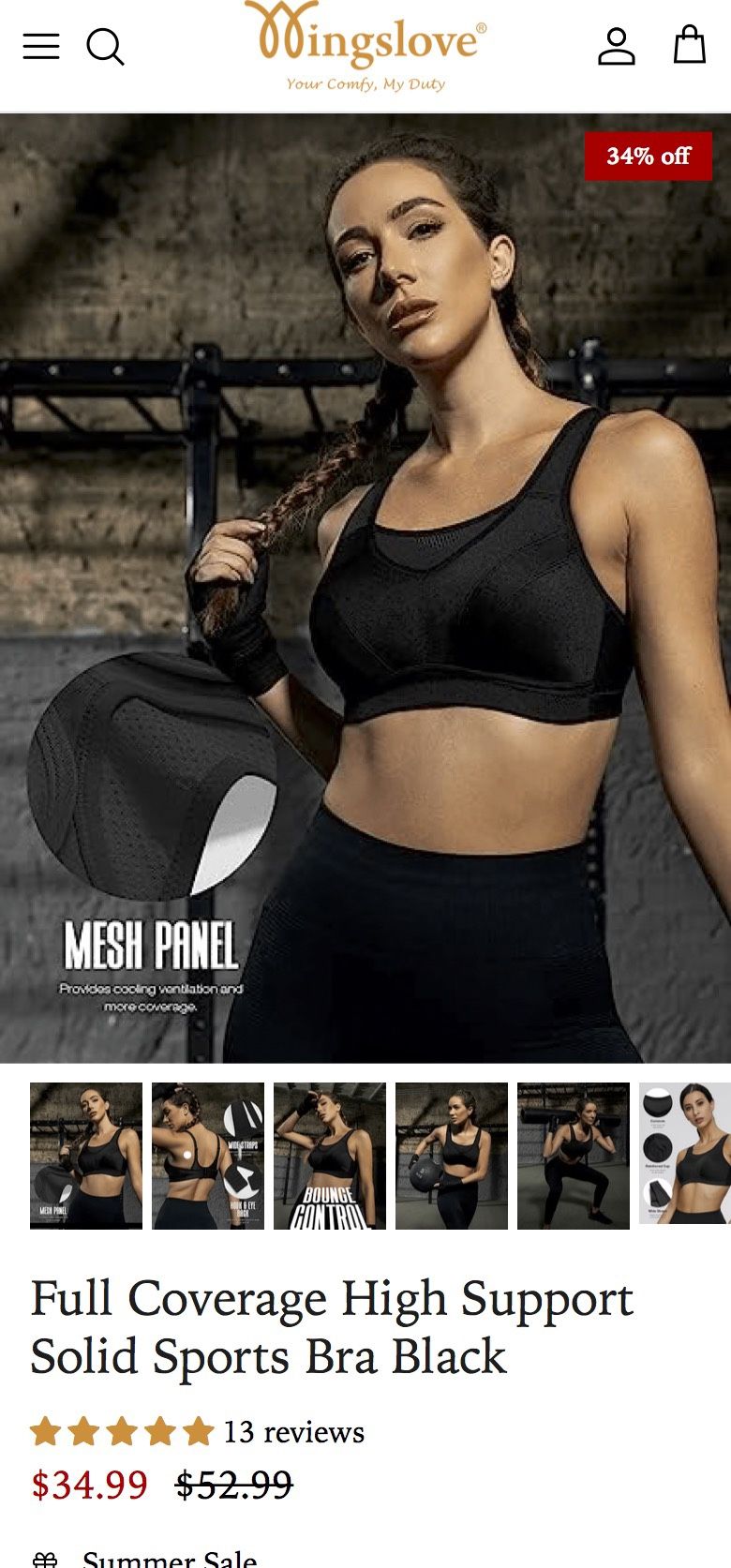 Wingslove High Impact Sports Bra Size 36DDD