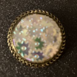 Vintage Rare Find Scarf Clip Holder Slide Round Gold Tone With Iridescent Flowers

