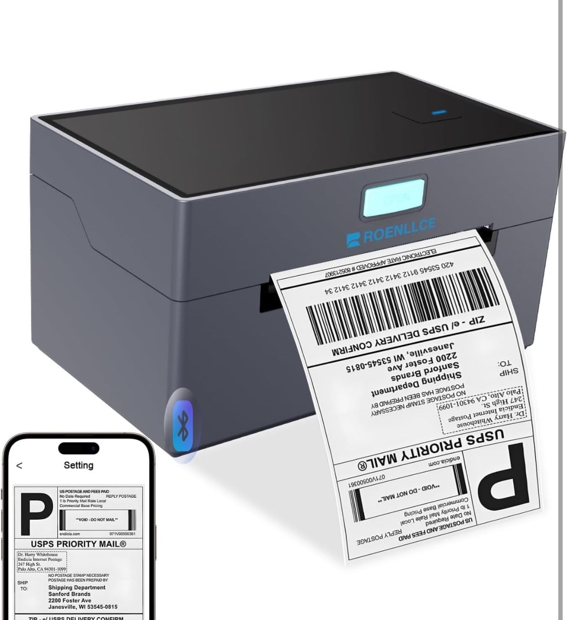 Bluetooth Thermal Shipping Label Printer, 4x6 Label Printer for Small Business for Shipping Packages, Support Windows, Mac, iOS, Android, Used for Ama