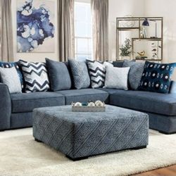 Brand New Super Plush Blue Sectional Sofa w Ottoman (Pillows Included)