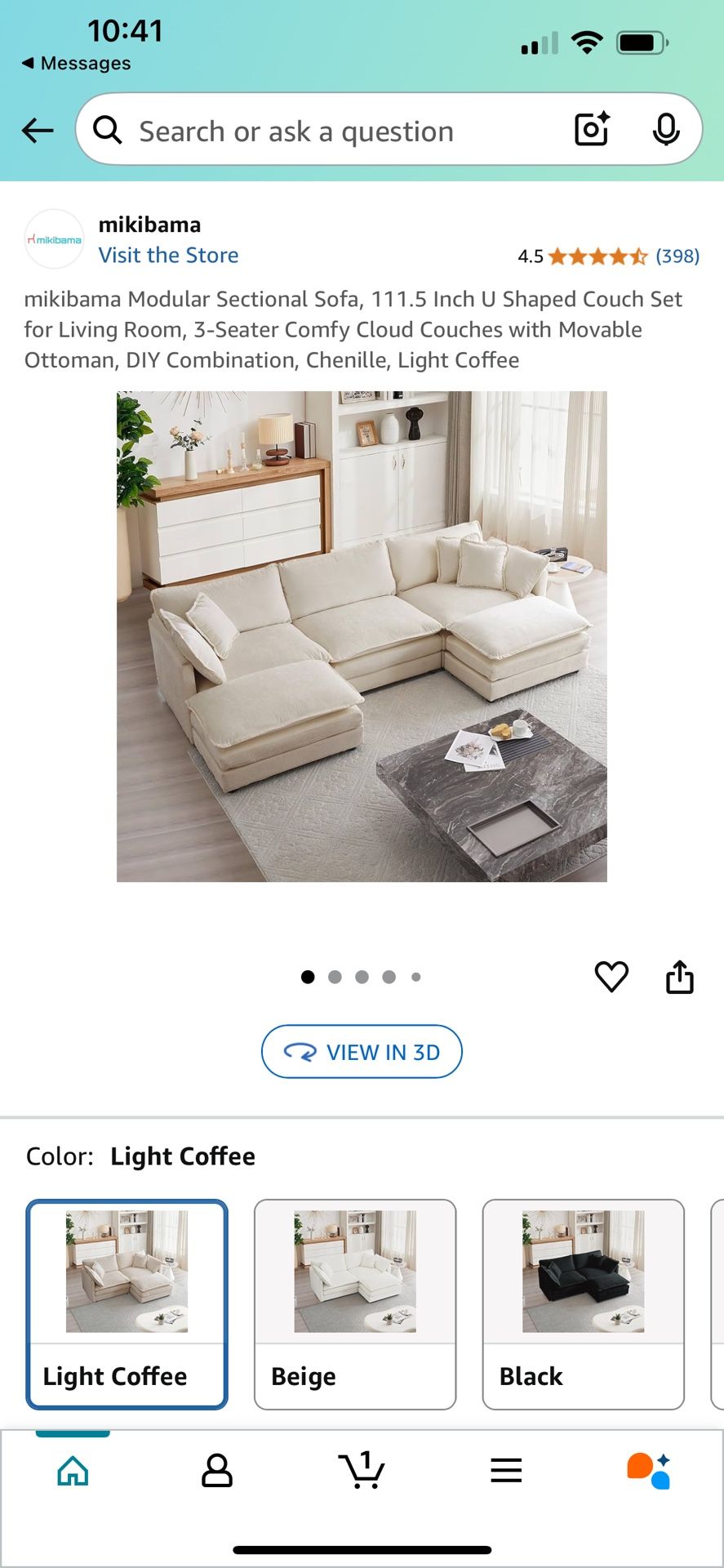 mikibama Modular Sectional Sofa, 111.5 Inch U Shaped Couch Set for Living Room, 3-Seater Comfy Cloud Couches with Movable Ottoman, DIY Combination, Ch