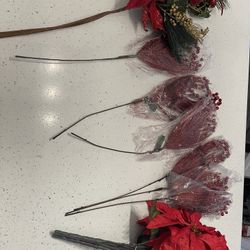 Christmas Floral Decorations Poinsettias Holly Berries Glitter Picks