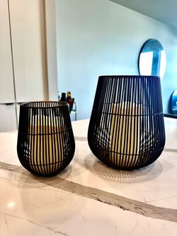 Crate & Barrel Kent Wire Hurricane Set + LED Flameless Votive Candles