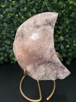 Pink Amethyst Crescent Moon on Gold Stand – Druzy Crystal Decor 5.4”